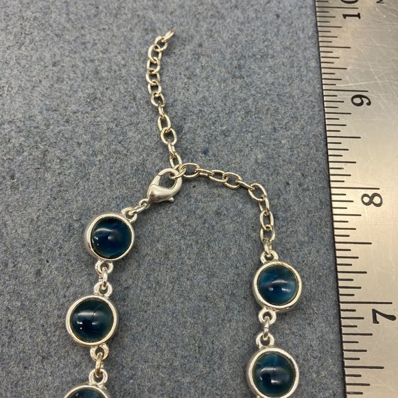 Teal Silver Bezeled Necklace As Is Dark Blue Round Chain Graduated Retro BoHo - Picture 6 of 8